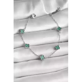 316L Çelik Gümüş Renk Yeşil Baby Boy Yonca Model Kadın Bileklik