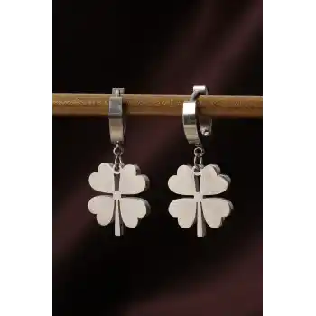 316L Çelik Gümüş Renk Yonca Küpe