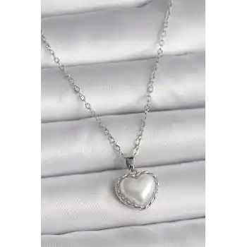 316L Çelik Gümüş Renk Zincir 3D İnci Kalp Model Kadın Kolye