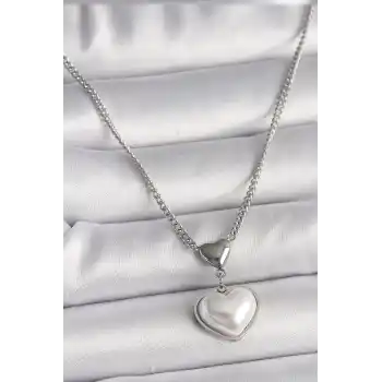 316L Çelik Gümüş Renk Zincir 3D Kalp Model Kadın Kolye