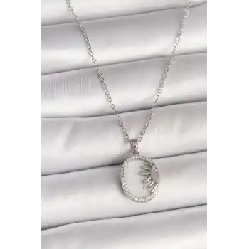 316L Çelik Gümüş Renk Zincir Beyaz Mineli Gün Batımı Model Zirkon Taş Detaylı Kadın Kolye