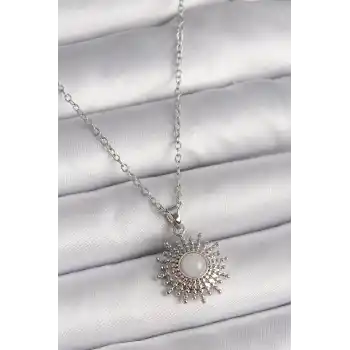 316L Çelik Gümüş Renk Zincir Beyaz Mineli Güneş Model Kadın Kolye