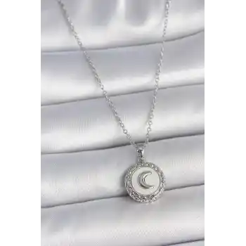 316L Çelik Gümüş Renk Zincir Beyaz Mineli Hilal İşlemeli Madalyon Model Kadın Kolye