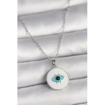 316L Çelik Gümüş Renk Zincir Beyaz Mineli Turkuaz Göz İşleme Model Kadın Kolye