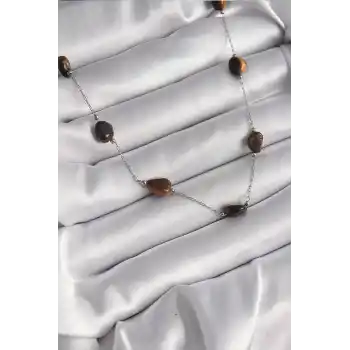 316L Çelik Gümüş Renk Zincir Kahverengi Doğaltaş Model Kadın Kolye