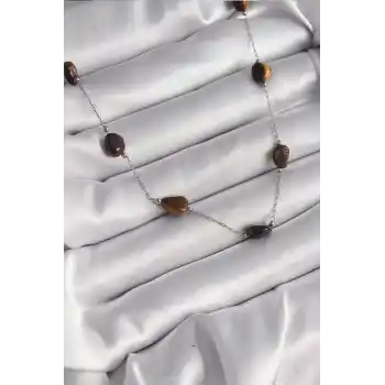 316L Çelik Gümüş Renk Zincir Kahverengi Doğaltaş Model Kadın Kolye