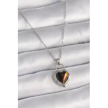 316L Çelik Gümüş Renk Zincir Kilit Kalp Kehribar Boncuk Model Kadın Kolye