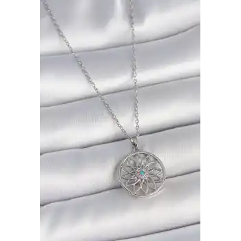 316L Çelik Gümüş Renk Zincir Mavi Taşlı Lotus Model Kadın Kolye