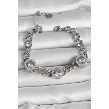 316L Çelik Gümüş Renk Zincir Model Zirkon Taşlı İşleme Detaylı Kadın Bileklik