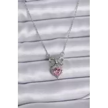 316L Çelik Gümüş Renk Zincir Pembe Kristal Kalp Zirkon Taşlı Kurdele Model Kadın Kolye