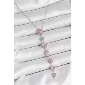 316L Çelik Gümüş Renk Zincir Pembe Zirkon Taşlı Y Model Dekolte Kadın Kolye