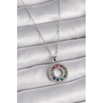 316L Çelik Gümüş Renk Zincir Renkli Zirkon Taşlı Madalyon Model Kadın Kolye