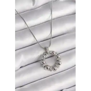 316L Çelik Gümüş Renk Zincir Zirkon Taş Detaylı Bombeli Halka Model Kadın Kolye