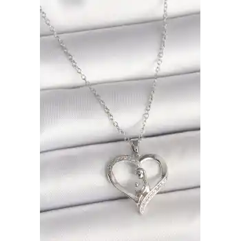 316L Çelik Gümüş Renk Zincir Zirkon Taş Detaylı Kalp Model Kadın Kolye