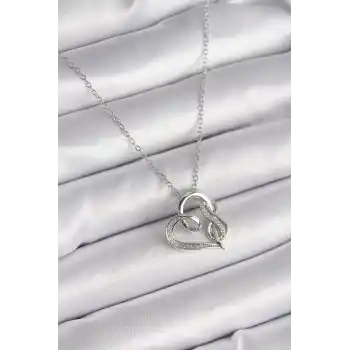 316L Çelik Gümüş Renk Zincir Zirkon Taş Detaylı Kalp Model Sonsuzluk Detay Kadın Kolye