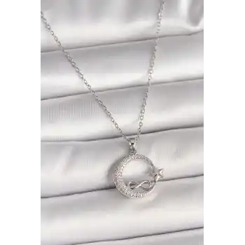 316L Çelik Gümüş Renk Zincir Zirkon Taşlı Ay Yıldız Model Sonsuzluk Detay Kadın Kolye