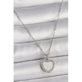 316L Çelik Gümüş Renk Zincir Zirkon Taşlı Beyaz Mineli Kalp Model Kadın Kolye