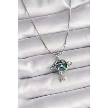 316L Çelik Gümüş Renk Zincir Zirkon Taşlı Gezegen Model Kadın Kolye