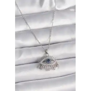 316L Çelik Gümüş Renk Zincir Zirkon Taşlı Göz Model Kadın Kolye