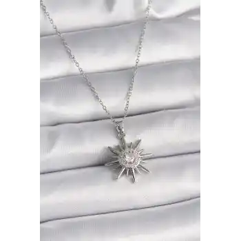 316L Çelik Gümüş Renk Zincir Zirkon Taşlı Güneş Model Kadın Yüzük