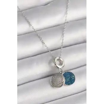 316L Çelik Gümüş Renk Zincir Zirkon Taşlı İşleme Mavi Simli Kadın Kolye
