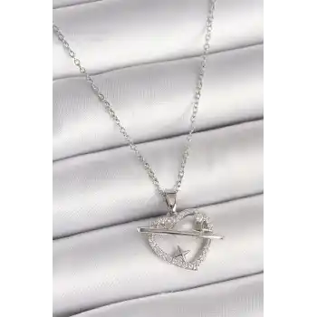 316L Çelik Gümüş Renk Zincir Zirkon Taşlı Kalp Model Yıldız Detay Kadın Kolye