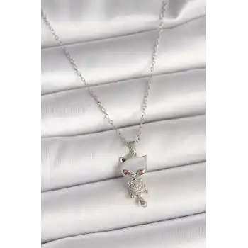 316L Çelik Gümüş Renk Zincir Zirkon Taşlı Kedi Model Kadın Kolye