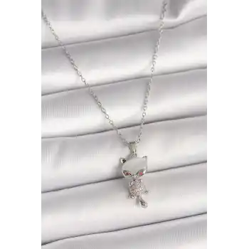 316L Çelik Gümüş Renk Zincir Zirkon Taşlı Kedi Model Kadın Kolye