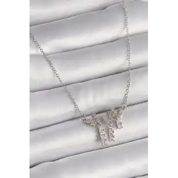 316L Çelik Gümüş Renk Zincir Zirkon Taşlı Kelebek Model Sallantı Detay Kadın Kolye