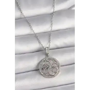 316L Çelik Gümüş Renk Zincir Zirkon Taşlı Lotus Model Kadın Kolye