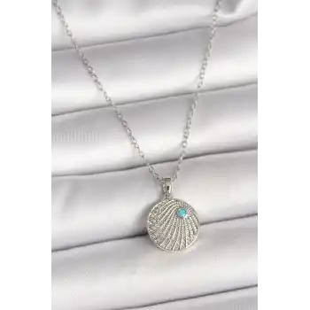 316L Çelik Gümüş Renk Zincir Zirkon Taşlı Mavi Taş Detaylı Madalyon Model Kadın Kolye