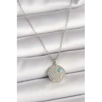 316L Çelik Gümüş Renk Zincir Zirkon Taşlı Mavi Taş Detaylı Madalyon Model Kadın Kolye