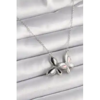316L Çelik Gümüş Renk Zincir Zirkon Taşlı Renkli Kelebek Model Kadın Kolye