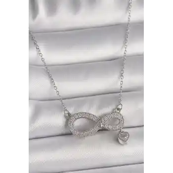 316L Çelik Gümüş Renk Zincir Zirkon Taşlı Sonsuzluk Model Taşlı Kalp Detay Kadın Kolye