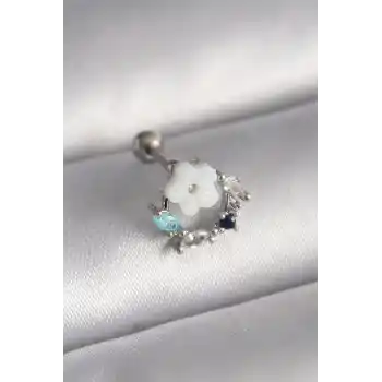 316L Çelik Gümüş Renk Zirkon Taş Detay Beyaz Çiçek Model Tragus Piercing