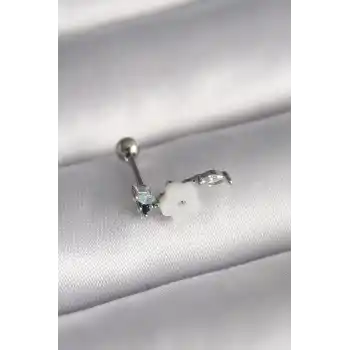 316L Çelik Gümüş Renk Zirkon Taş Detay Beyaz Çiçek Model Tragus Piercing