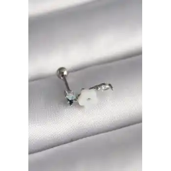 316L Çelik Gümüş Renk Zirkon Taş Detay Beyaz Çiçek Model Tragus Piercing