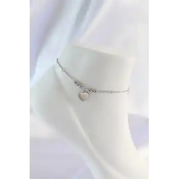 316L Çelik Gümüş Renk Zirkon Taş Detay Kalpli Halhal