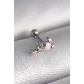 316L Çelik Gümüş Renk Zirkon Taş Detay Pembe Kalp İşleme Tragus Piercing
