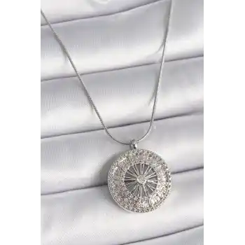 316L Çelik Gümüş Renk Zirkon Taşlı 12 Burç Madalyon Model Kadın Kolye