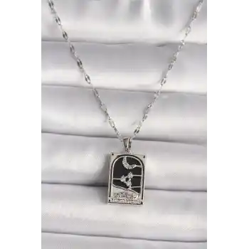 316L Çelik Gümüş Renk Zirkon Taşlı  Ay Figürlü Taror Model Kadın Kolye