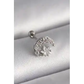 316L Çelik Gümüş Renk Zirkon Taşlı Ay Yıldız Tragus Piercing