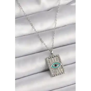 316L Çelik Gümüş Renk Zirkon Taşlı Göz İşleme Detaylı Plaka Model Kadın Kolye