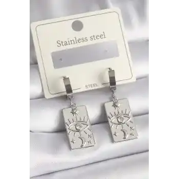 316L Çelik Gümüş Renk Zirkon Taşlı Göz İşleme Detaylı Plaka Model Kadın Küpe