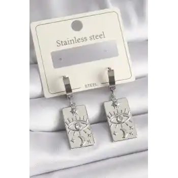 316L Çelik Gümüş Renk Zirkon Taşlı Göz İşleme Detaylı Plaka Model Kadın Küpe