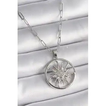 316L Çelik Gümüş Renk Zirkon Taşlı Güneş Madalyon Model Kadın Kolye