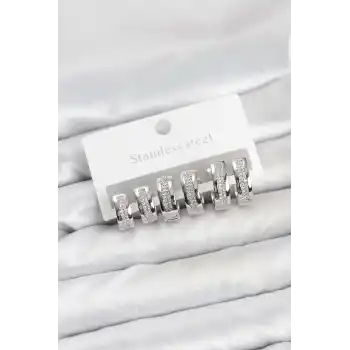 316L Çelik Gümüş Renk Zirkon Taşlı Halka Küpe Seti