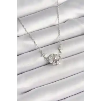 316L Çelik Gümüş Renk Zirkon Taşlı Hilal Kalp Model Kadın Kolye