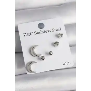 316L Çelik Gümüş Renk Zirkon Taşlı Hilal Model Kadın Küpe Seti