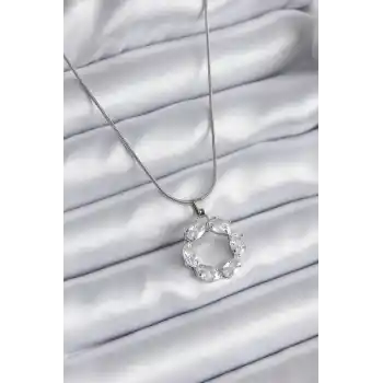 316L Çelik Gümüş Renk Zirkon Taşlı Kadın Kolye